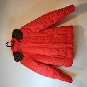 Columbia Pink Down Quilted Puffer Jacket Omni-Shield Faux Fur Hooded Womens Sz S